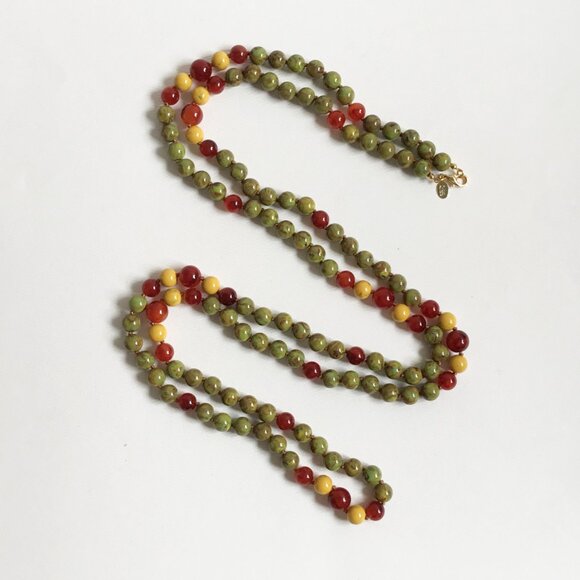 Vintage Joan Rivers Green Red Yellow Swirl Beaded Hand Knotted Necklace - Picture 3 of 5